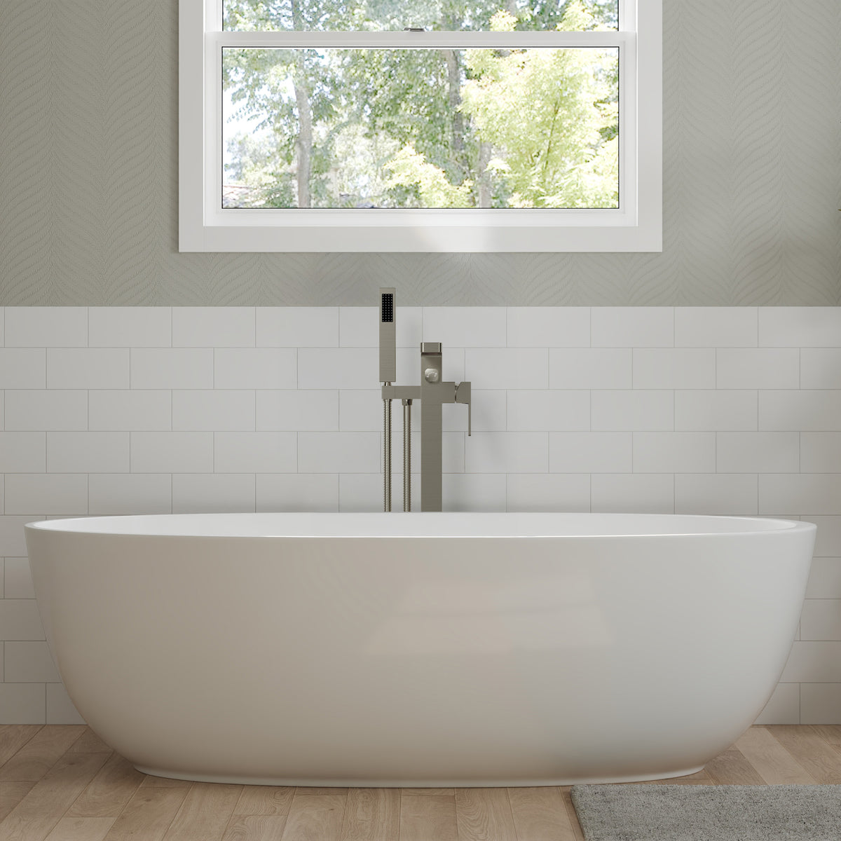 Square Floor-Mounted Bathtub Faucet with Hand Shower and Swivel Spout