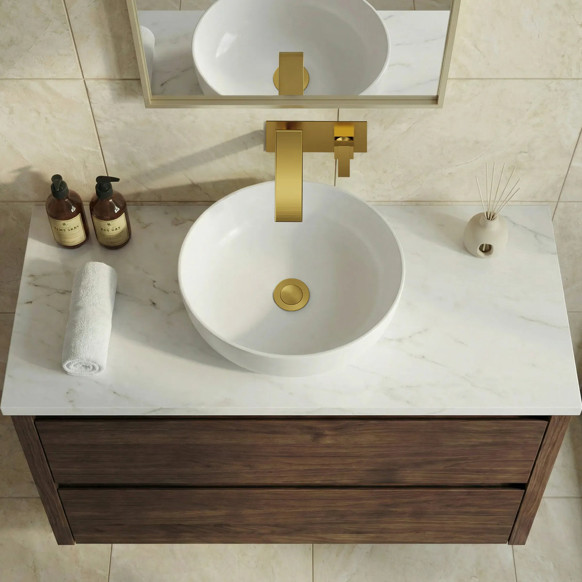 Single-Handle Wall-Mount Bathroom Sink Faucet With Waterfall Spout And Pop-Up Drain