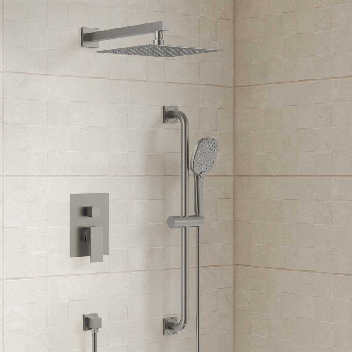 Square Wall-Mounted Shower System with Adjustable Slide Bar