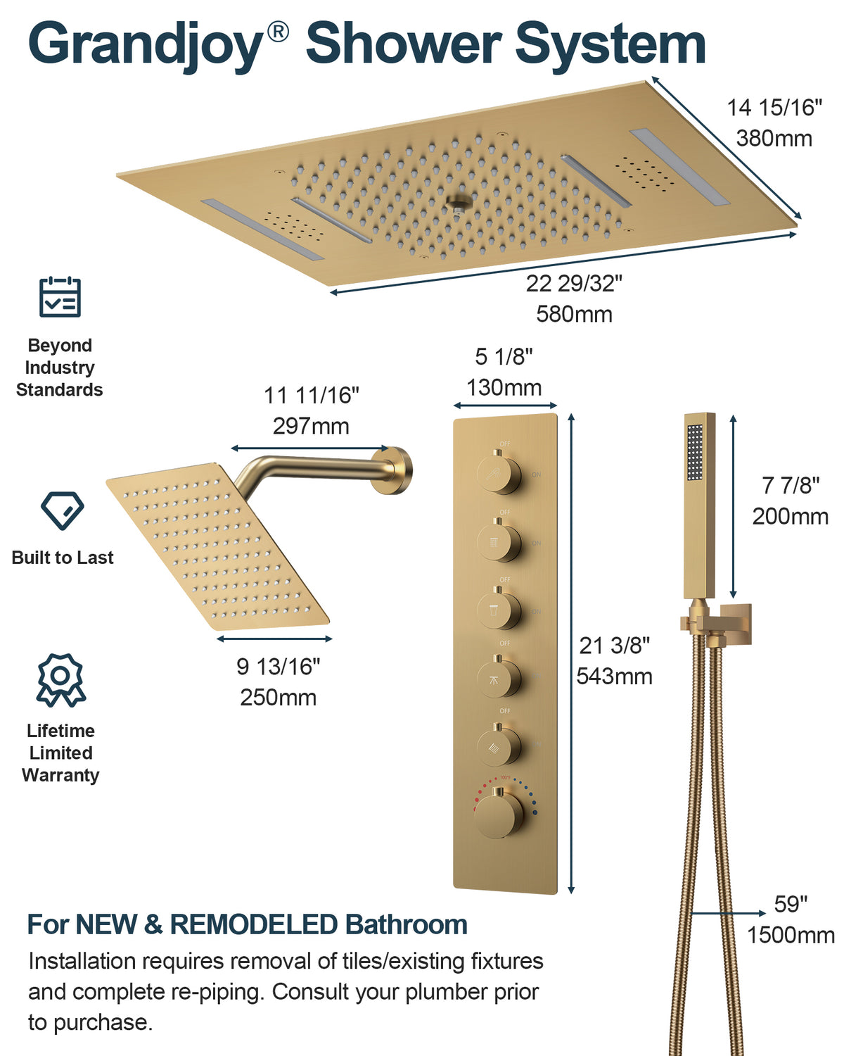 LED Bluetooth Ceiling-Mounted Thermostatic Shower System with Dual Heads