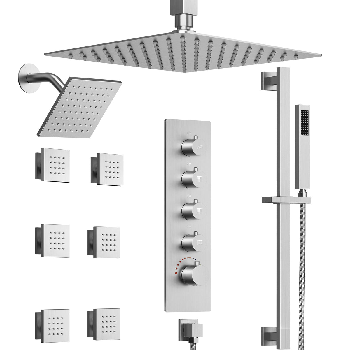 Ceiling-Mounted Thermostatic Dual Rainfall Shower System with Handheld