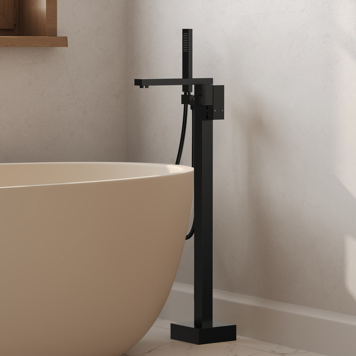 Freestanding Floor-Mounted Bathtub Faucet with Hand Shower and Swivel Spout