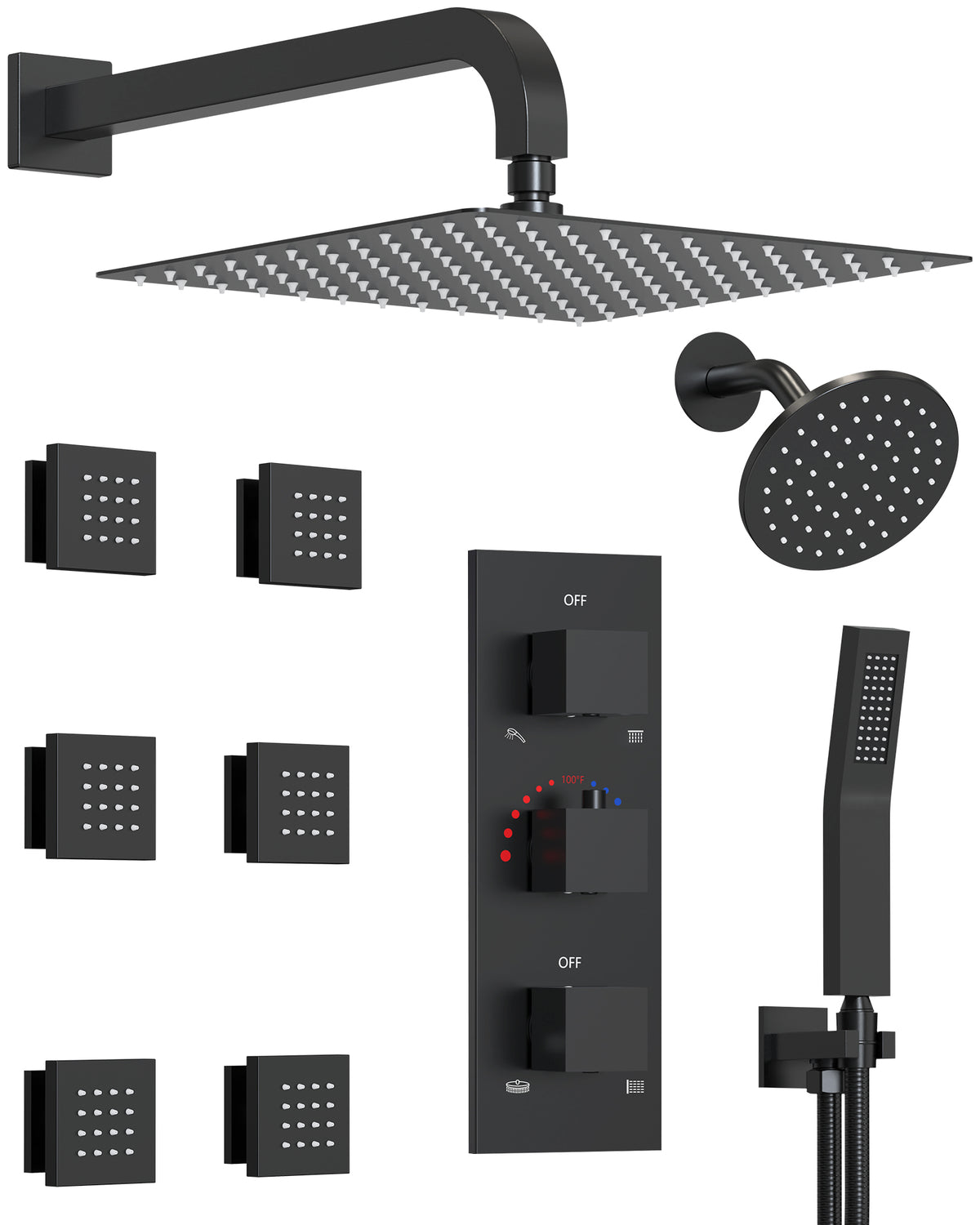 Wall-Mounted Thermostatic Dual Shower System with Six Body Jets