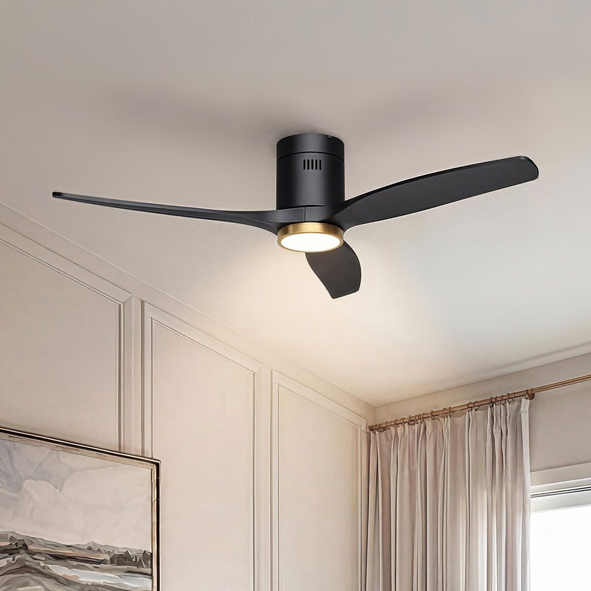 52-Inch Flush-Mount 3-Blade Ceiling Fan with Light, Wall Control and Remote