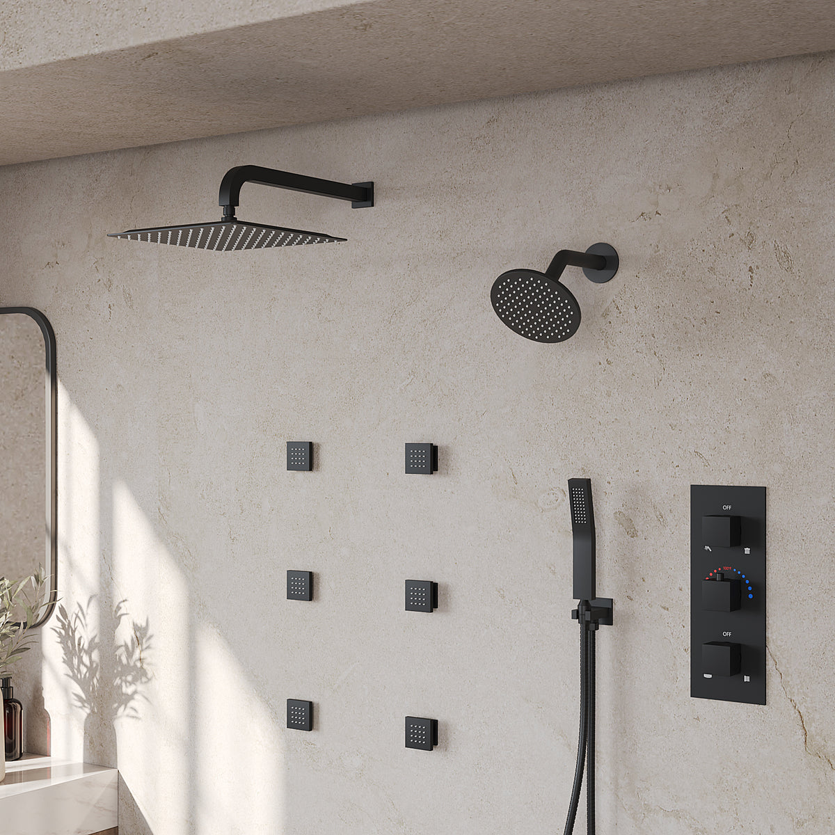 Wall-Mounted Thermostatic Dual Shower System with Six Body Jets