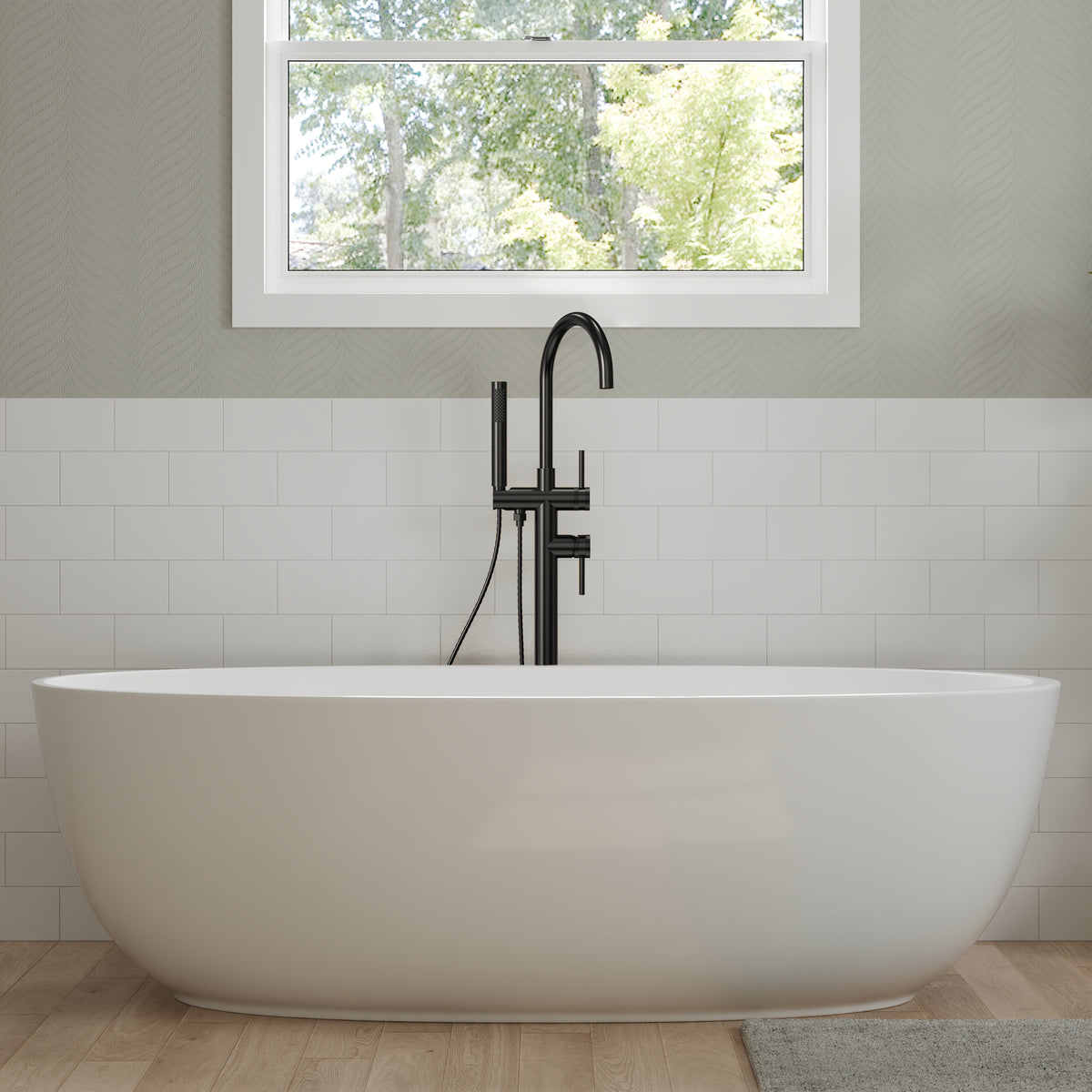 High-Arc Floor-Mounted Freestanding Bathtub Faucet with Hand Shower and Swivel Spout