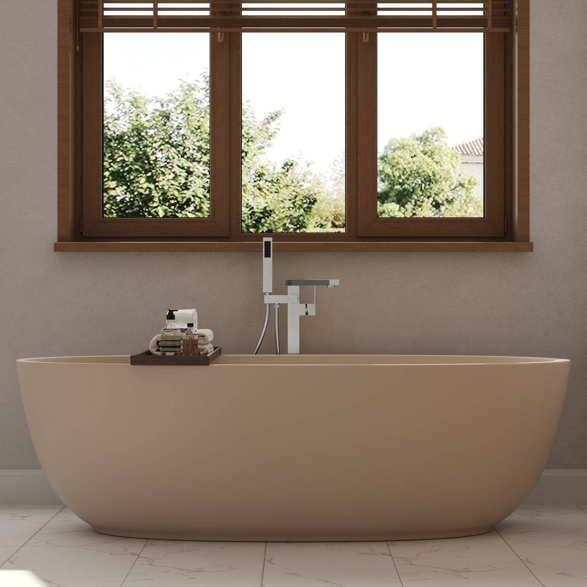 Freestanding Floor-Mounted Bathtub Faucet with Hand Shower and Swivel Spout