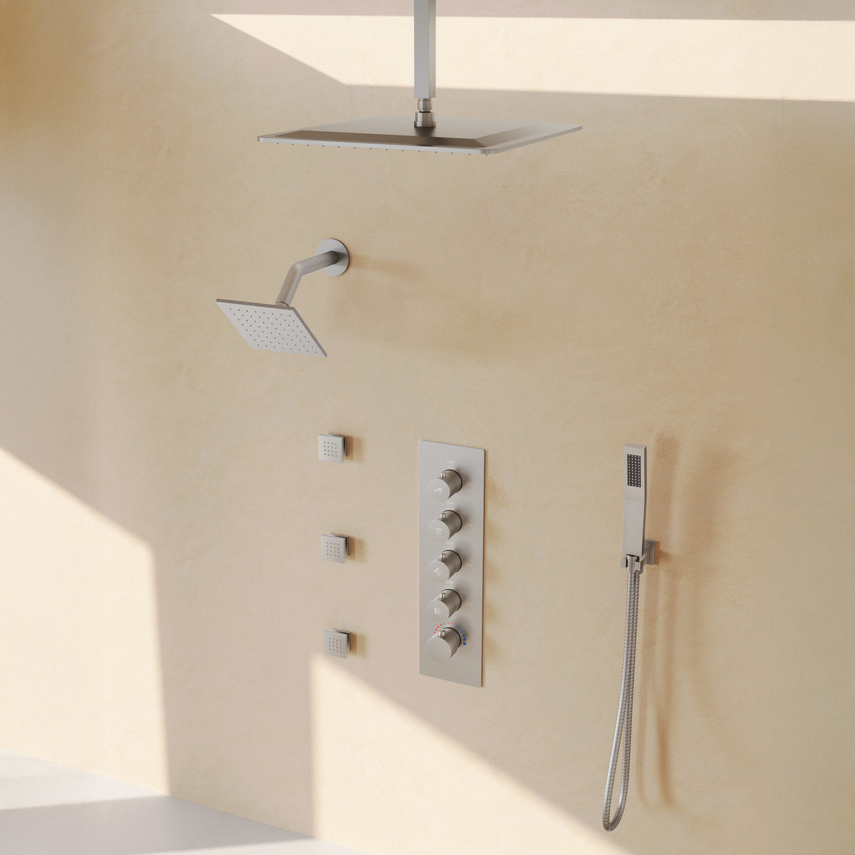 Ceiling-Mounted Multi-Spray Shower System with Secondary Wall Head