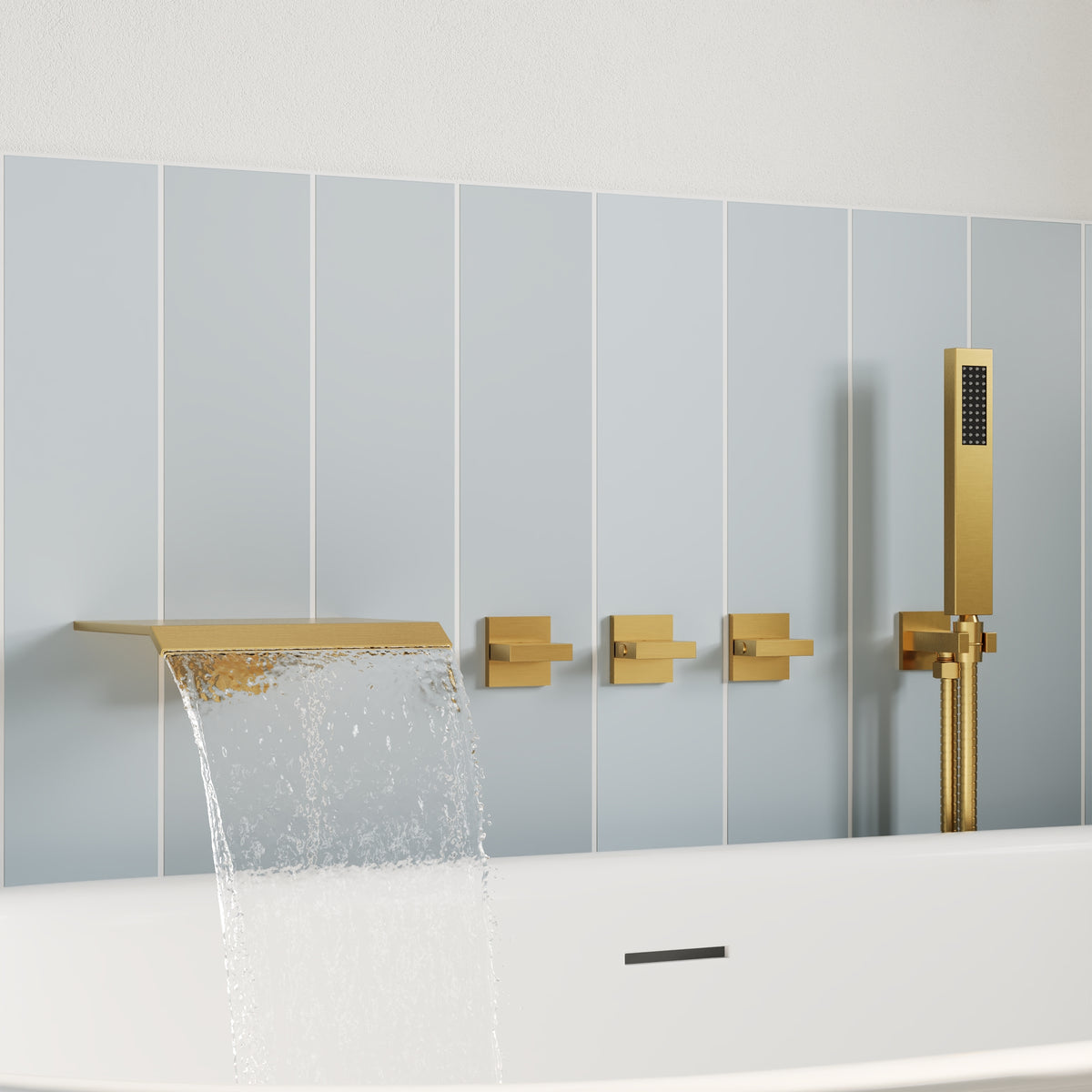 Wall-Mounted Floor-Mounted bathtub with Three Handles and Hand Shower