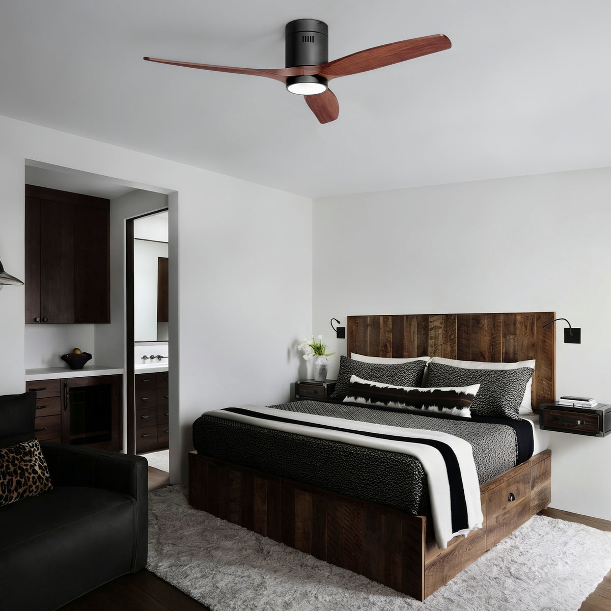 52-Inch Flush-Mount 3-Blade Ceiling Fan with Light, Wall Control and Remote