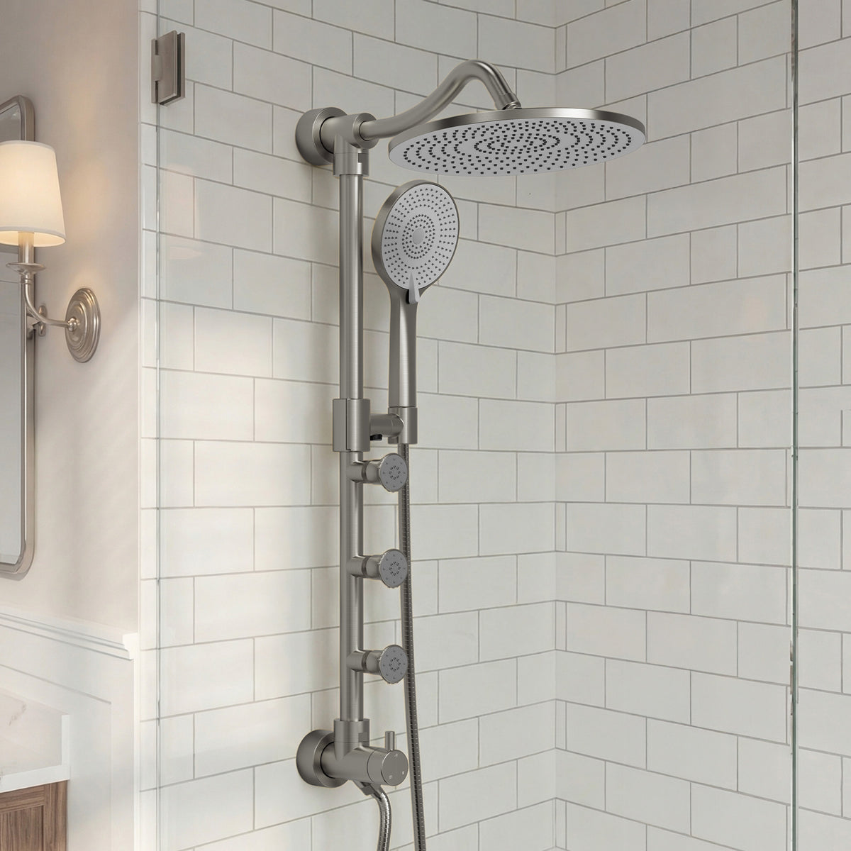 Exposed Rain Shower System with Handheld and Side Sprays