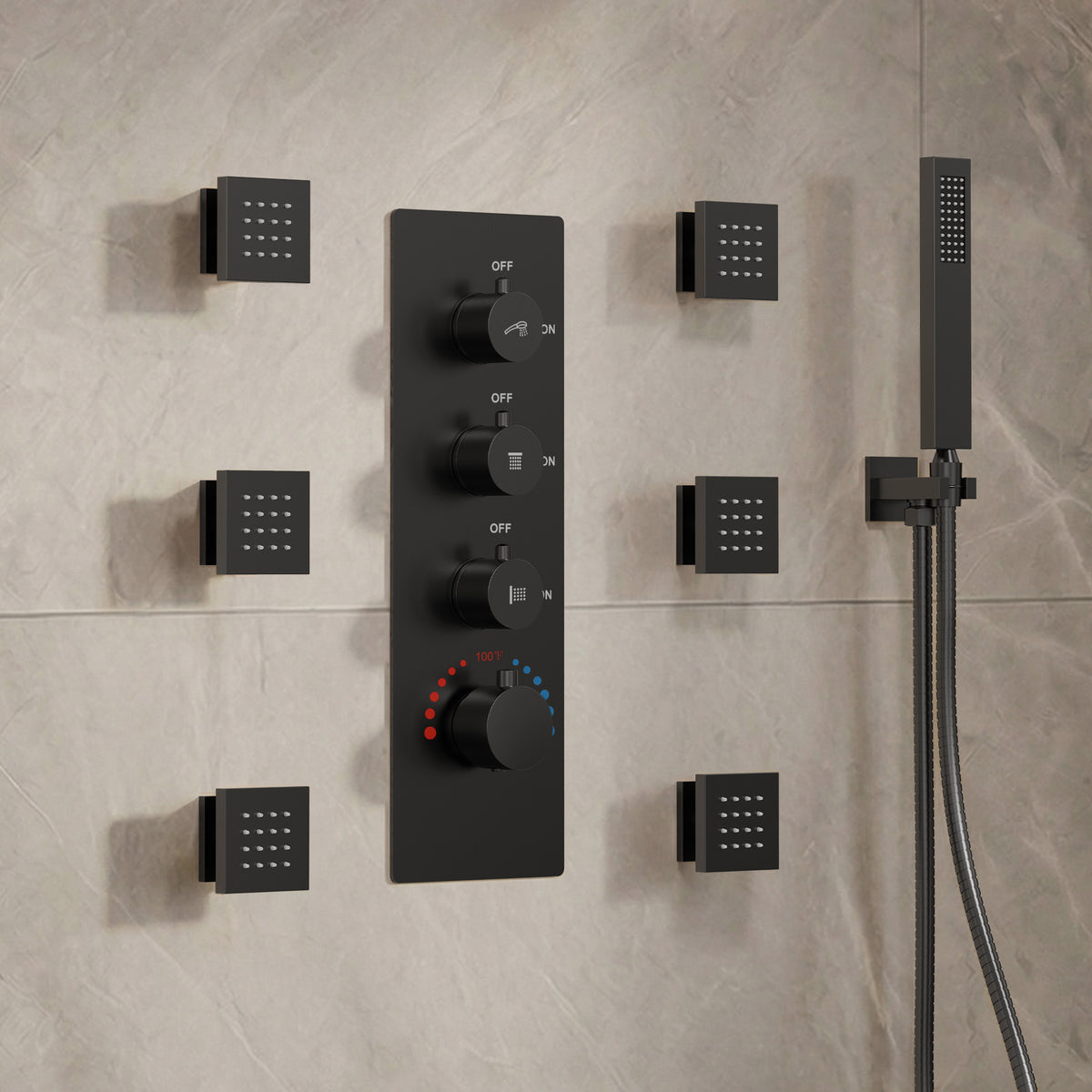 Wall-Mounted Thermostatic Rain Shower System with Body Jets and Handheld