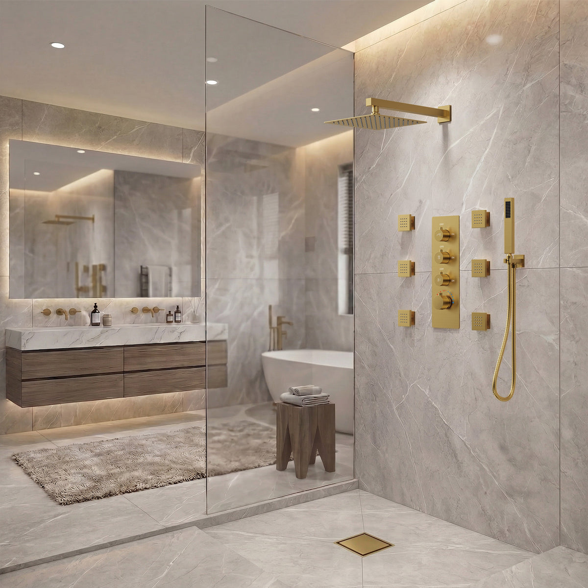 Wall-Mounted Thermostatic Rain Shower System with Body Jets and Handheld