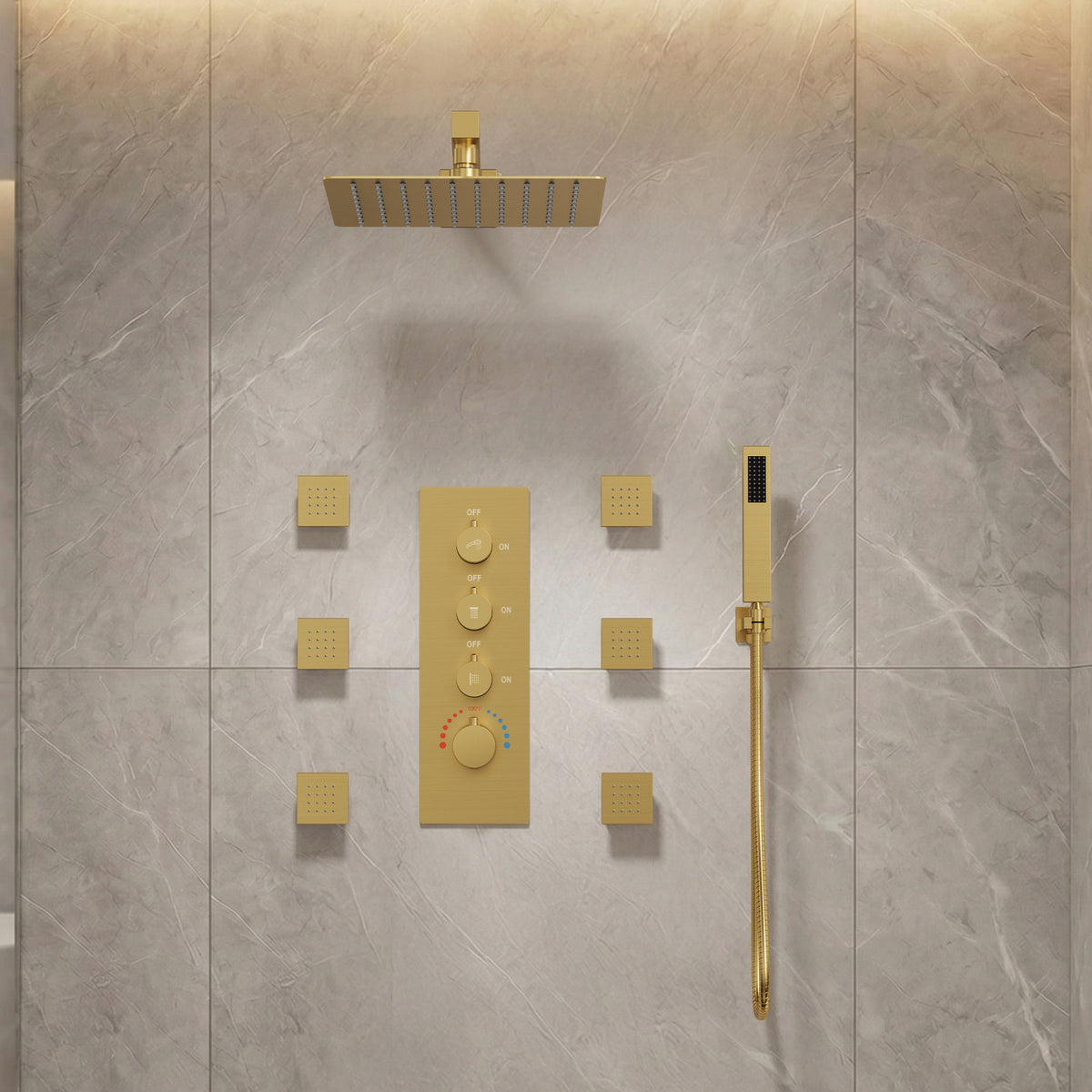Wall-Mounted Thermostatic Rain Shower System with Body Jets and Handheld