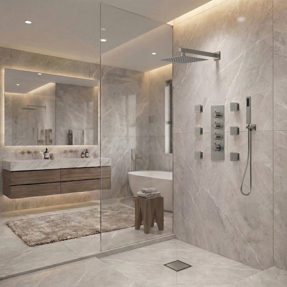 Wall-Mounted Thermostatic Rain Shower System with Body Jets and Handheld