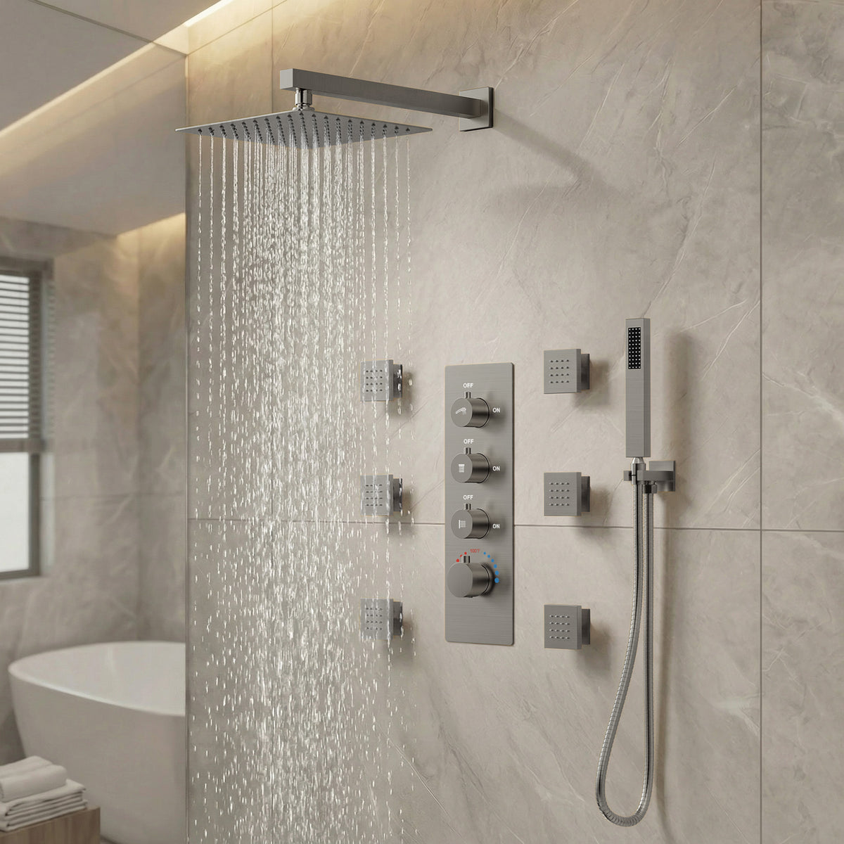 Wall-Mounted Thermostatic Rain Shower System with Body Jets and Handheld