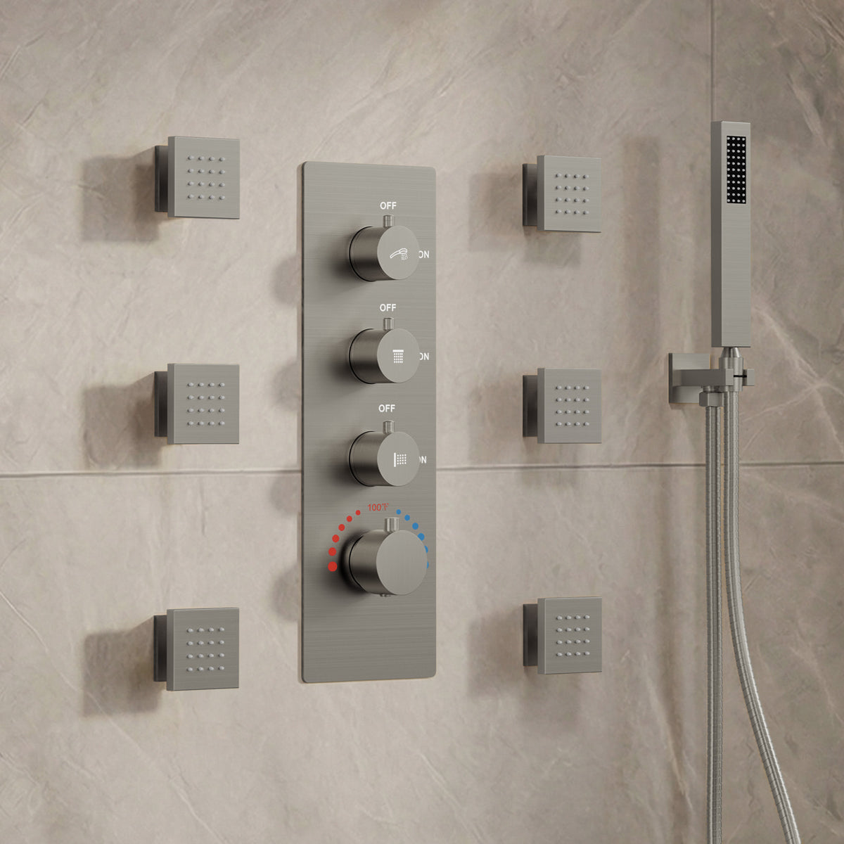 Wall-Mounted Thermostatic Rain Shower System with Body Jets and Handheld