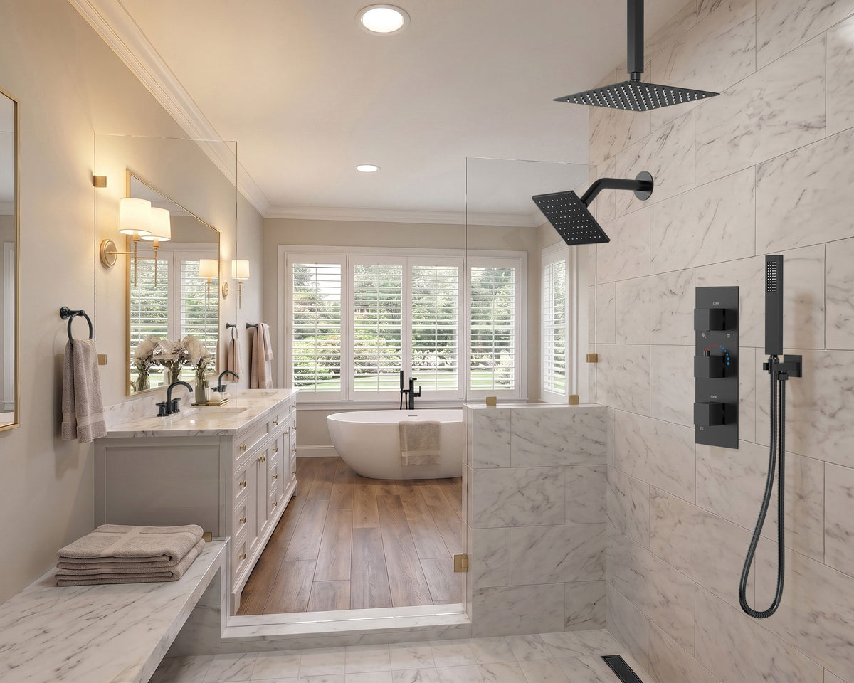 Ceiling-Mounted Thermostatic Shower System with Dual Rainfall Heads