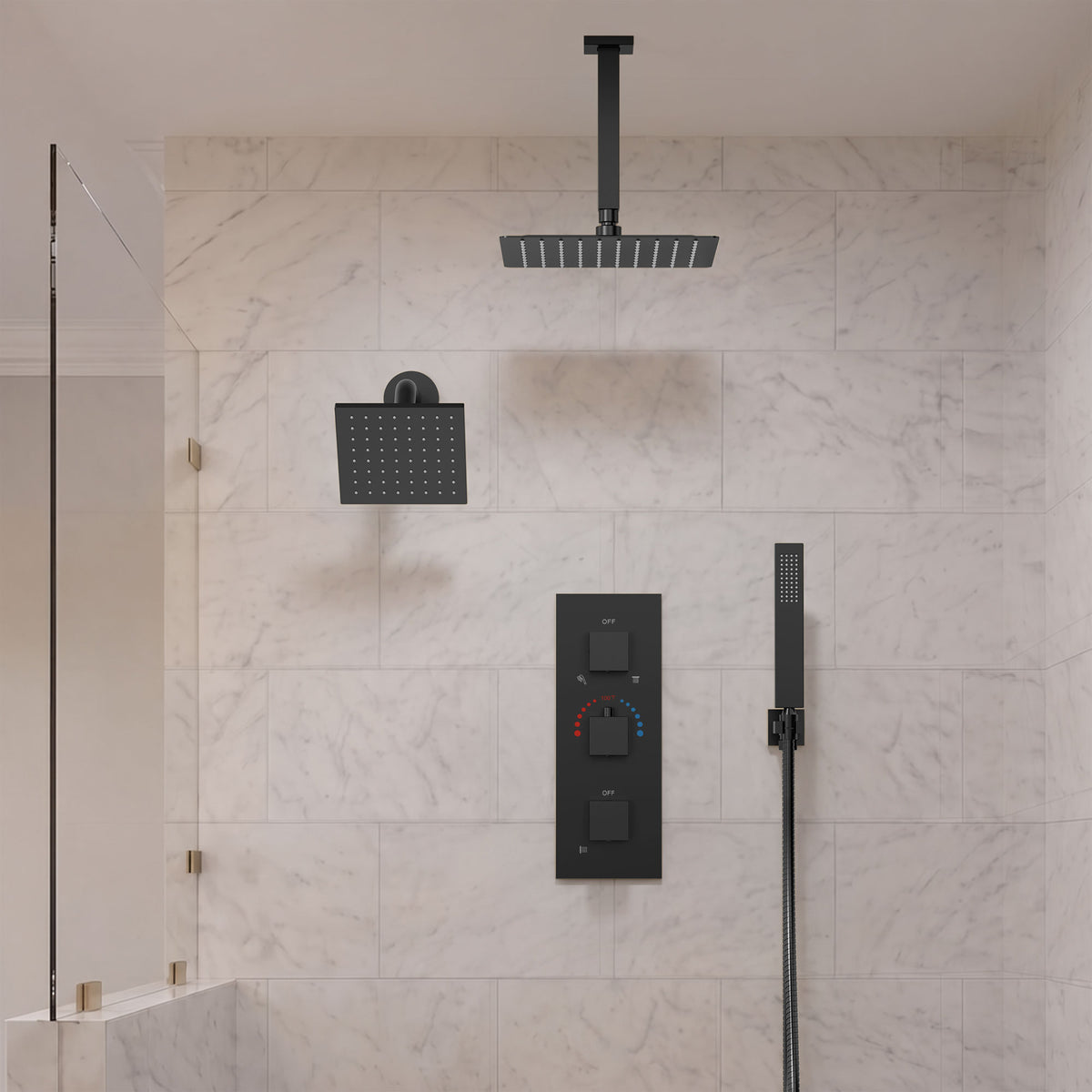 Ceiling-Mounted Thermostatic Shower System with Dual Rainfall Heads