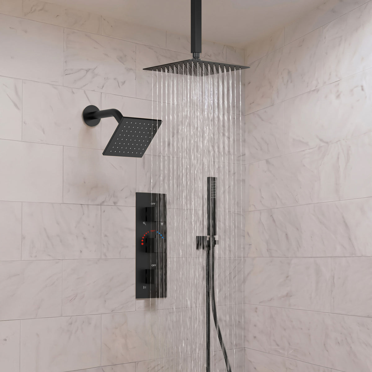 Ceiling-Mounted Thermostatic Shower System with Dual Rainfall Heads