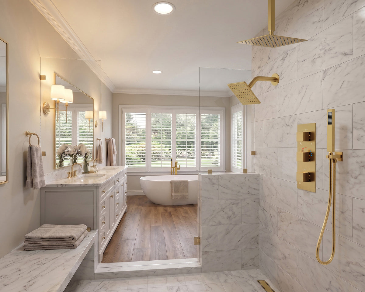 Ceiling-Mounted Thermostatic Shower System with Dual Rainfall Heads