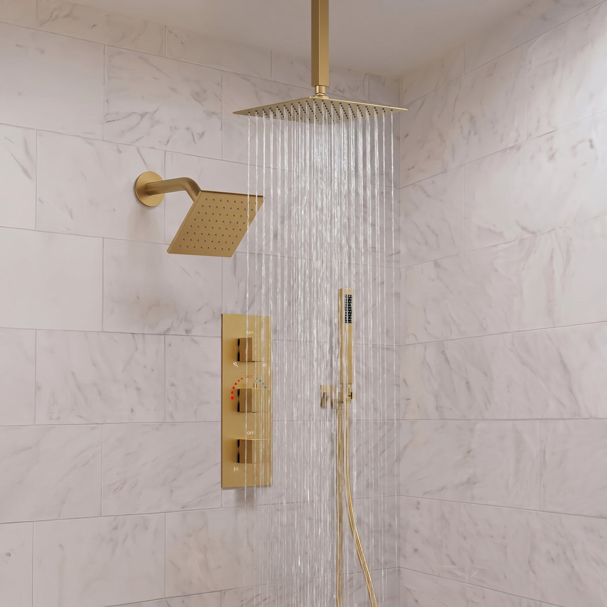 Ceiling-Mounted Thermostatic Shower System with Dual Rainfall Heads