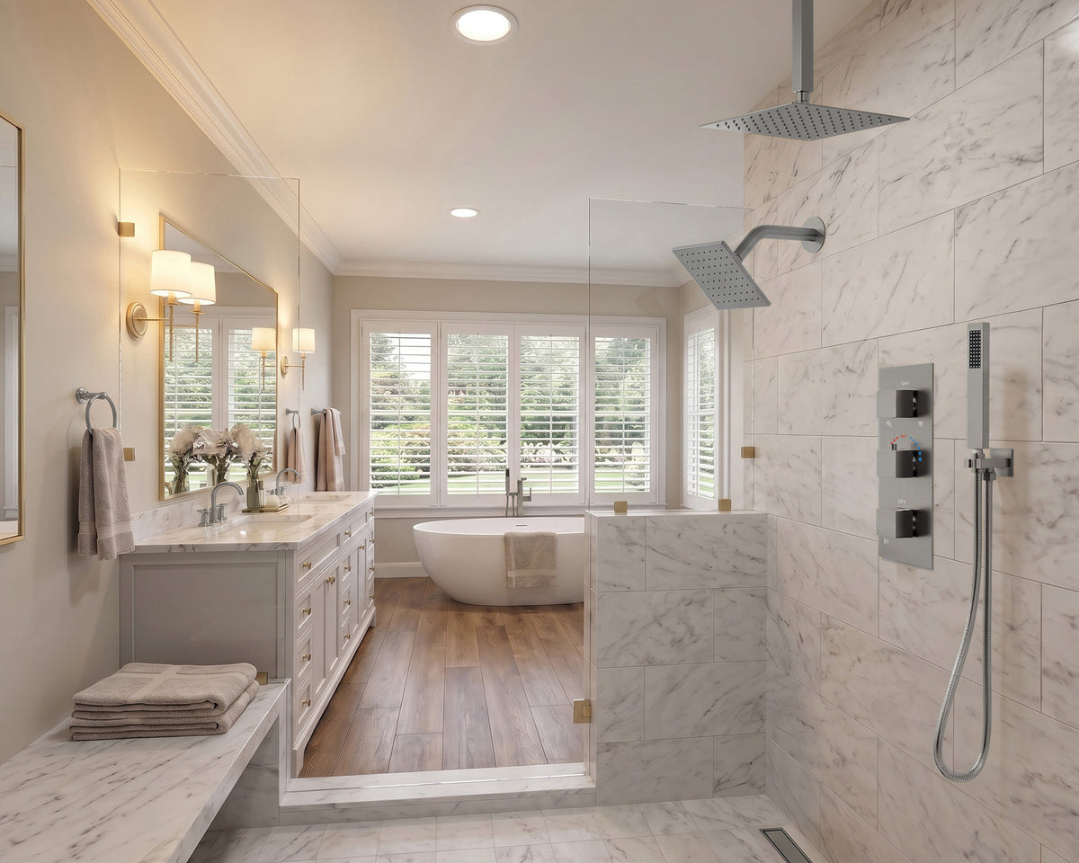 Ceiling-Mounted Thermostatic Shower System with Dual Rainfall Heads