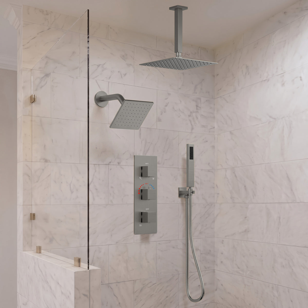 Ceiling-Mounted Thermostatic Shower System with Dual Rainfall Heads