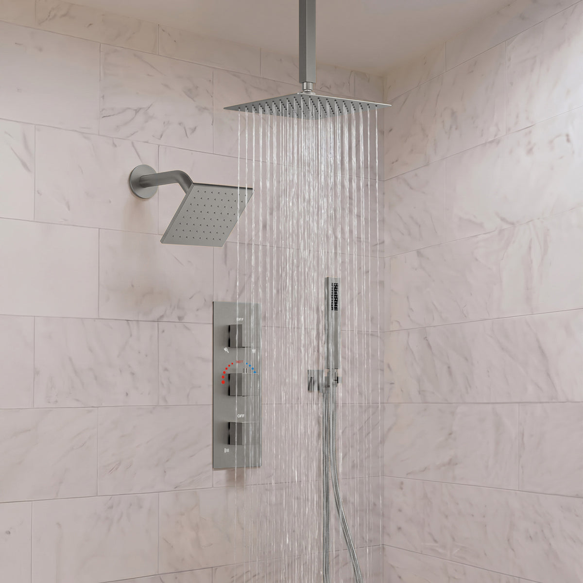 Ceiling-Mounted Thermostatic Shower System with Dual Rainfall Heads