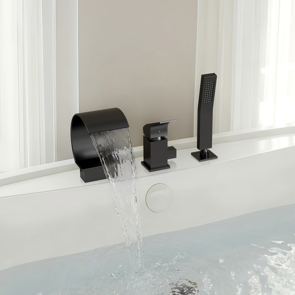Deck-Mounted Waterfall Bathtub Faucet with Single Handle and Hand Shower