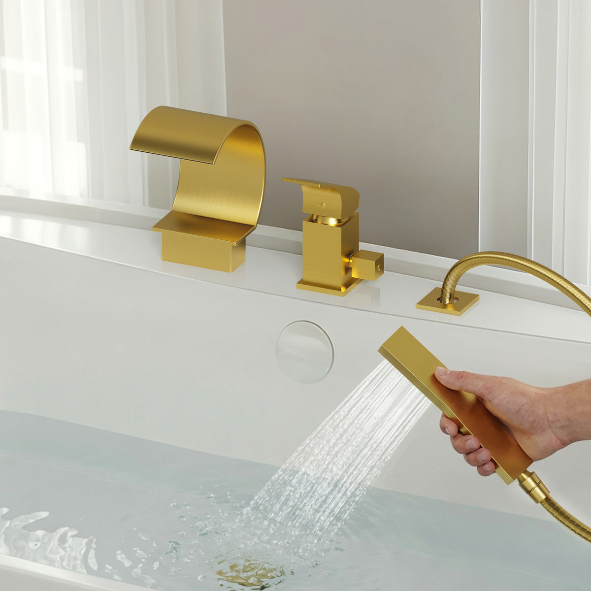 Deck-Mounted Waterfall Bathtub Faucet with Single Handle and Hand Shower