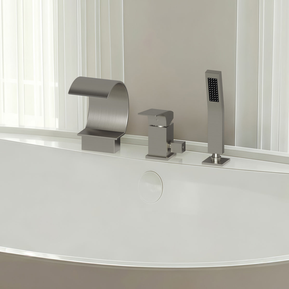 Deck-Mounted Waterfall Bathtub Faucet with Single Handle and Hand Shower