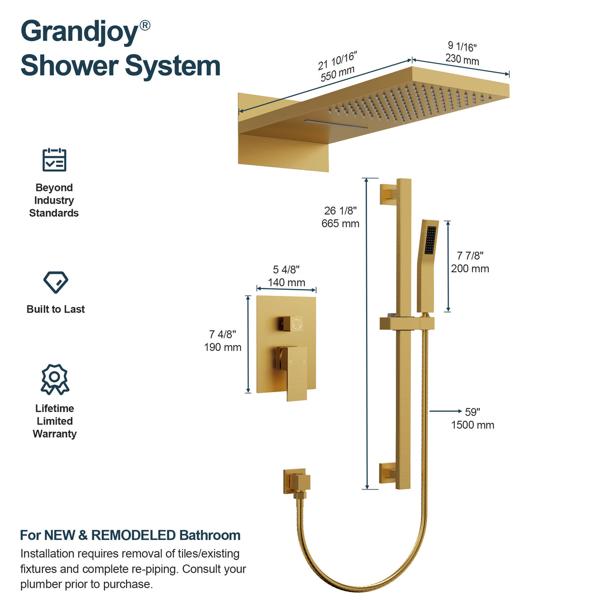 22-Inch Rainfall Wall-Mounted Shower System with Waterfall and Handheld Spray