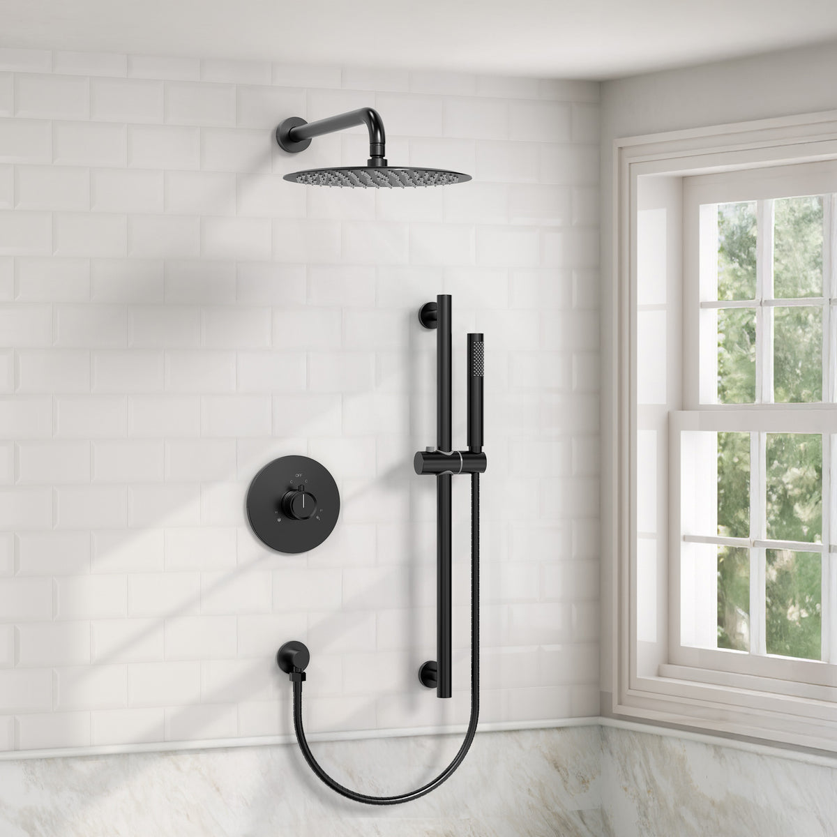 Wall-Mounted Rainfall Shower System with Adjustable Slide-Bar Handheld