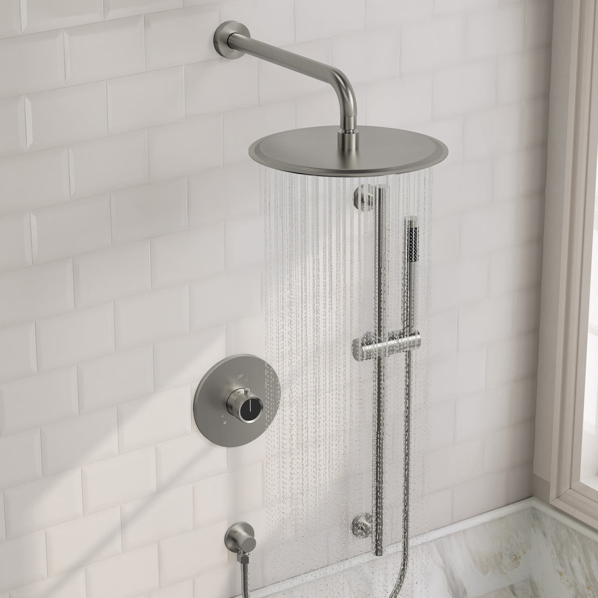 Wall-Mounted Rainfall Shower System with Adjustable Slide-Bar Handheld