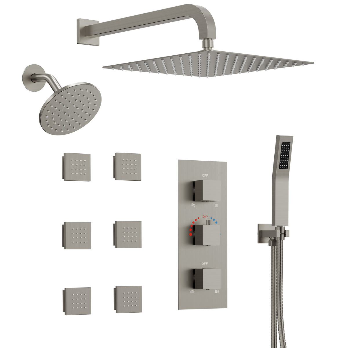 Wall-Mounted Thermostatic Dual Shower System with Six Body Jets