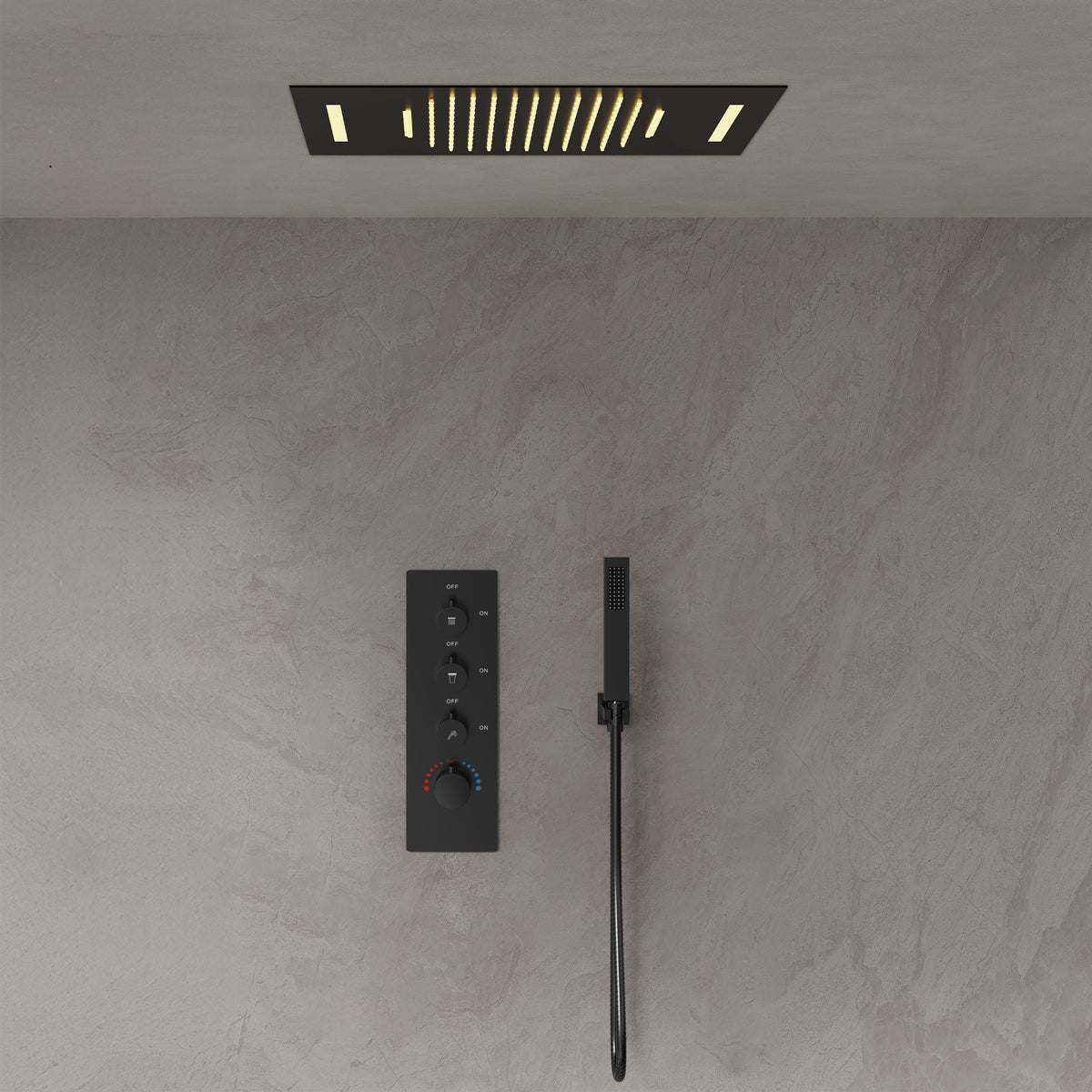 LED Ceiling-Mounted Thermostatic Rainfall and Waterfall Shower System