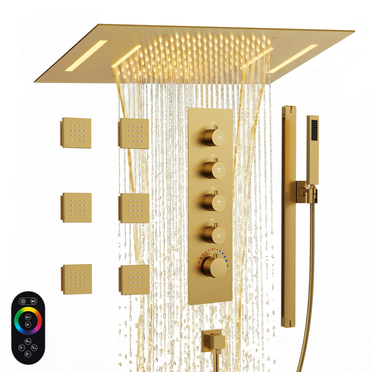 LED Ceiling-Mounted Thermostatic Shower System with Waterfall and Body Jets