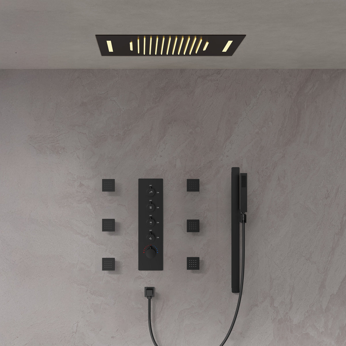 LED Ceiling-Mounted Thermostatic Shower System with Waterfall and Body Jets