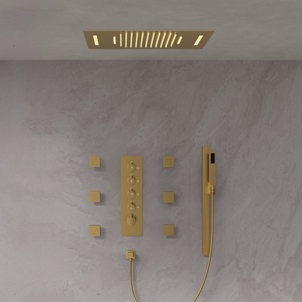 LED Ceiling-Mounted Thermostatic Shower System with Waterfall and Body Jets