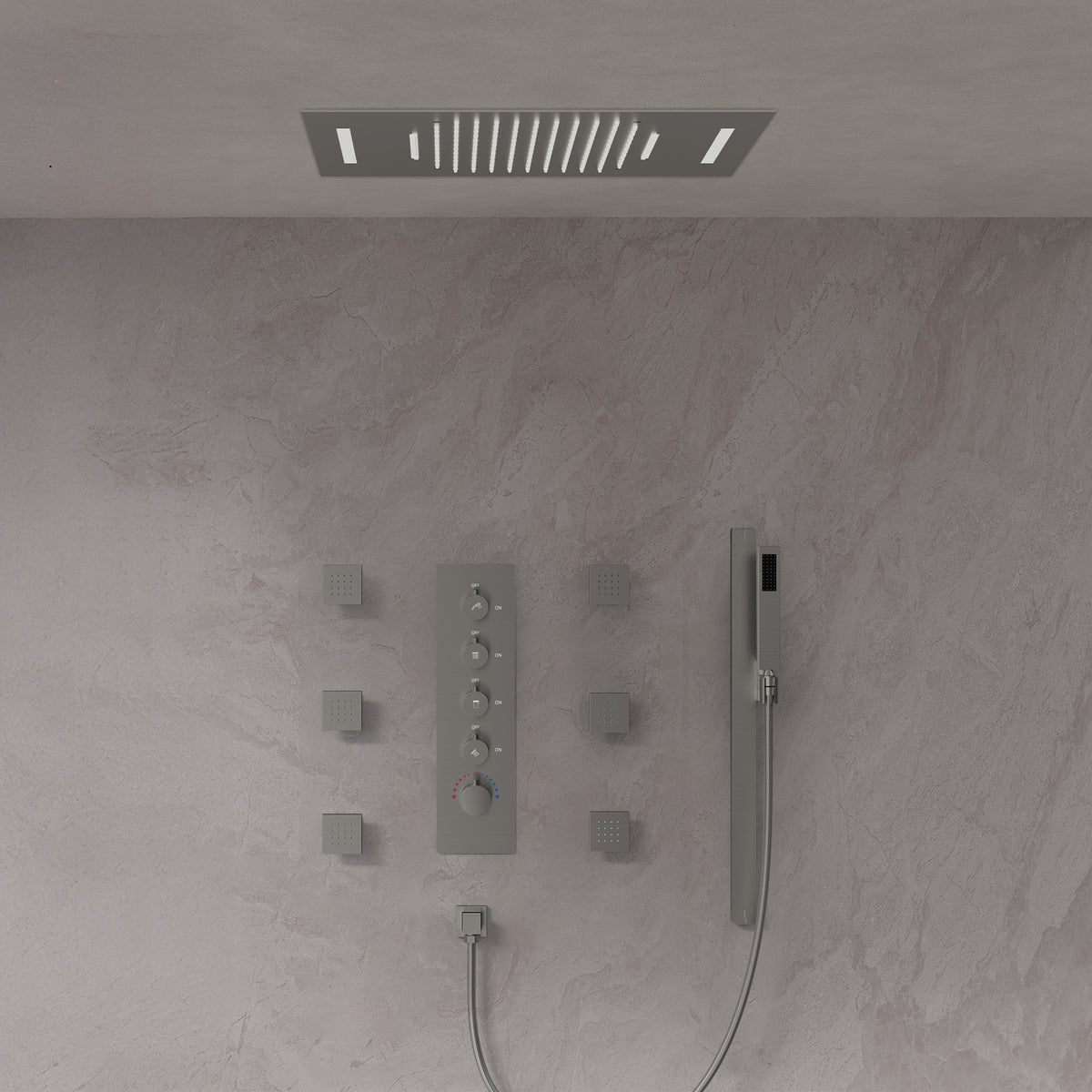 LED Ceiling-Mounted Thermostatic Shower System with Waterfall and Body Jets