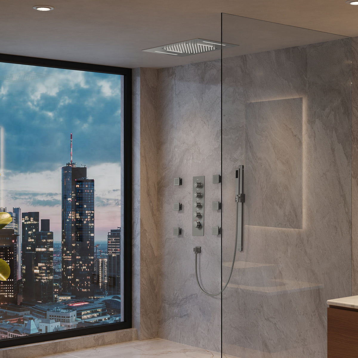 LED Ceiling-Mounted Thermostatic Shower System with Waterfall and Body Jets