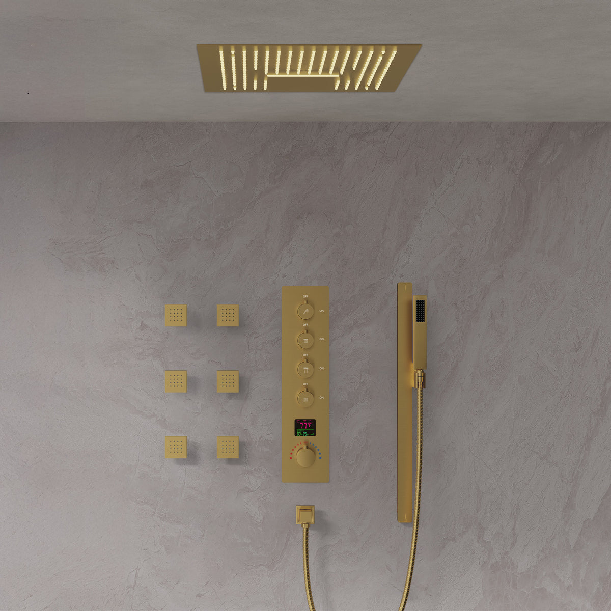LED Ceiling-Mounted Thermostatic Shower System with Body Jets