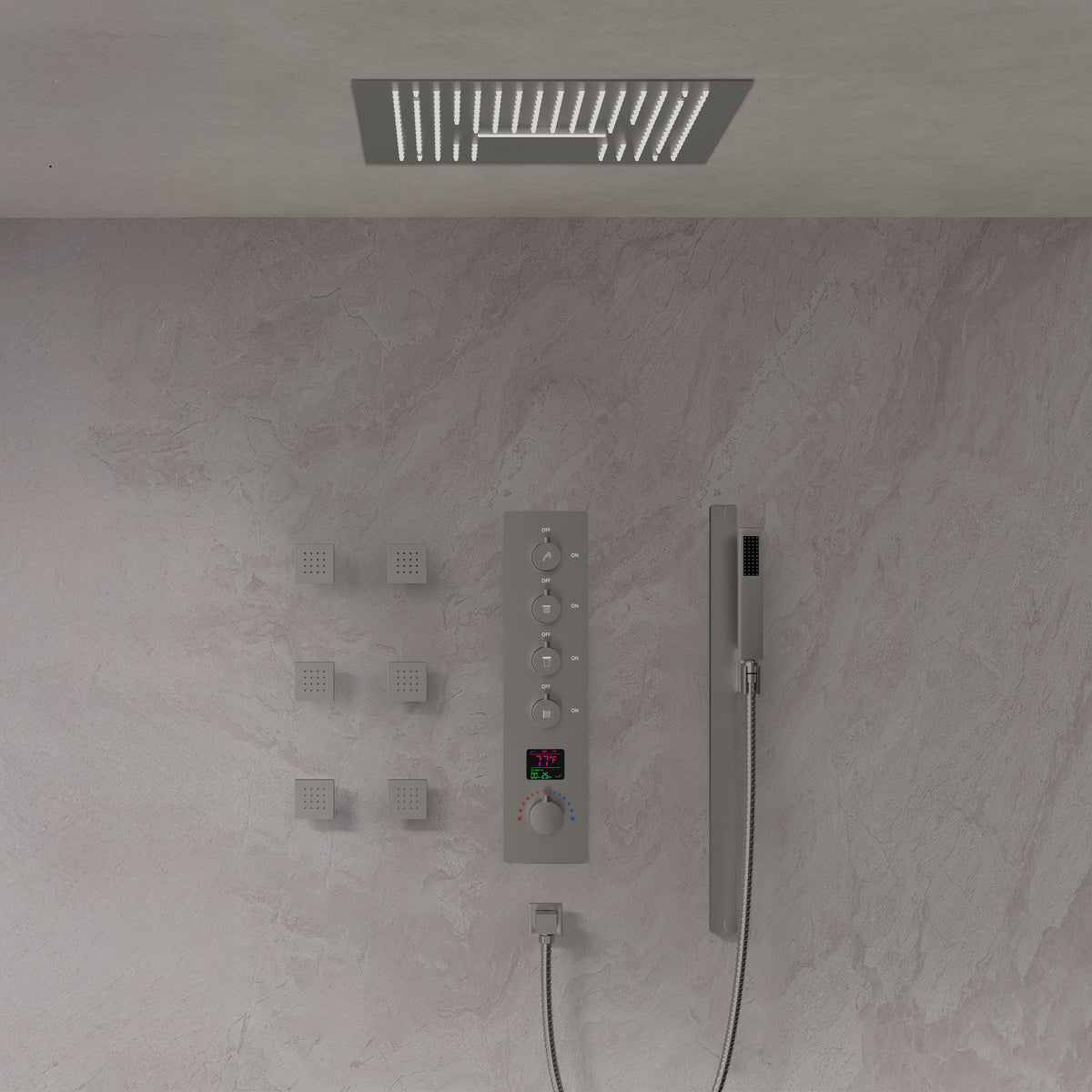 LED Ceiling-Mounted Thermostatic Shower System with Body Jets