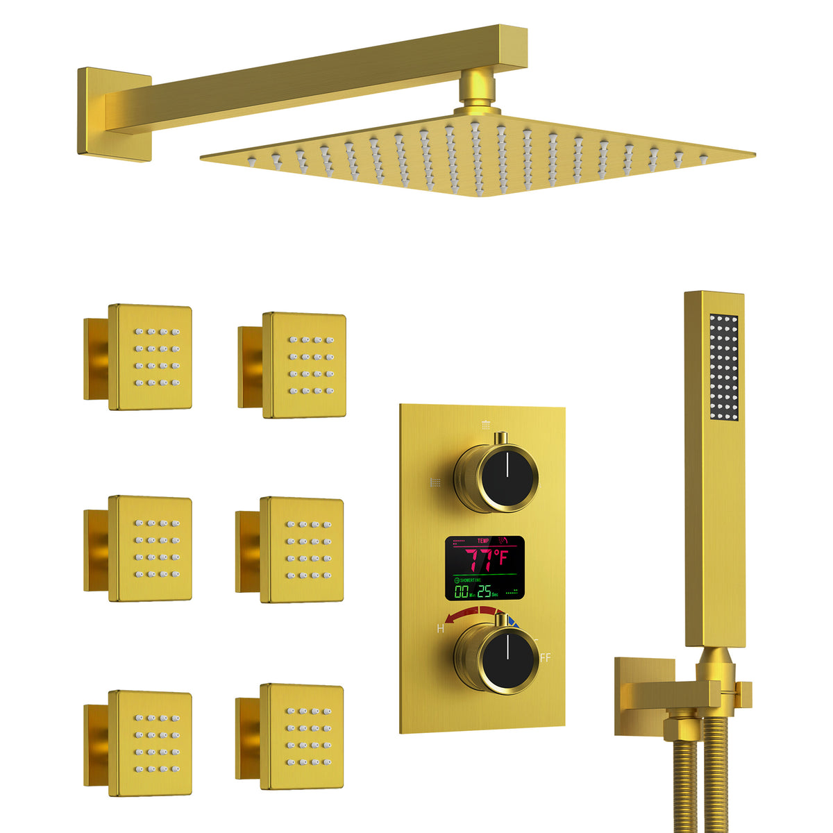 LED Wall-Mounted Shower System with Six Body Jets and Handheld