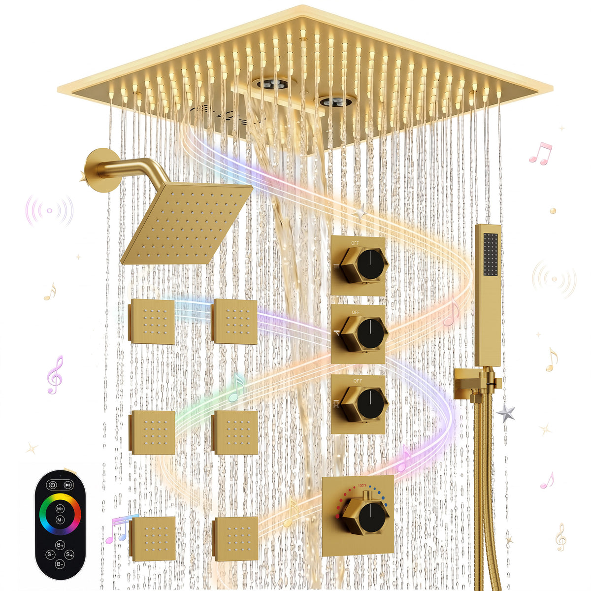 LED Music Ceiling-Mounted Dual-Head Shower System with Body Jets