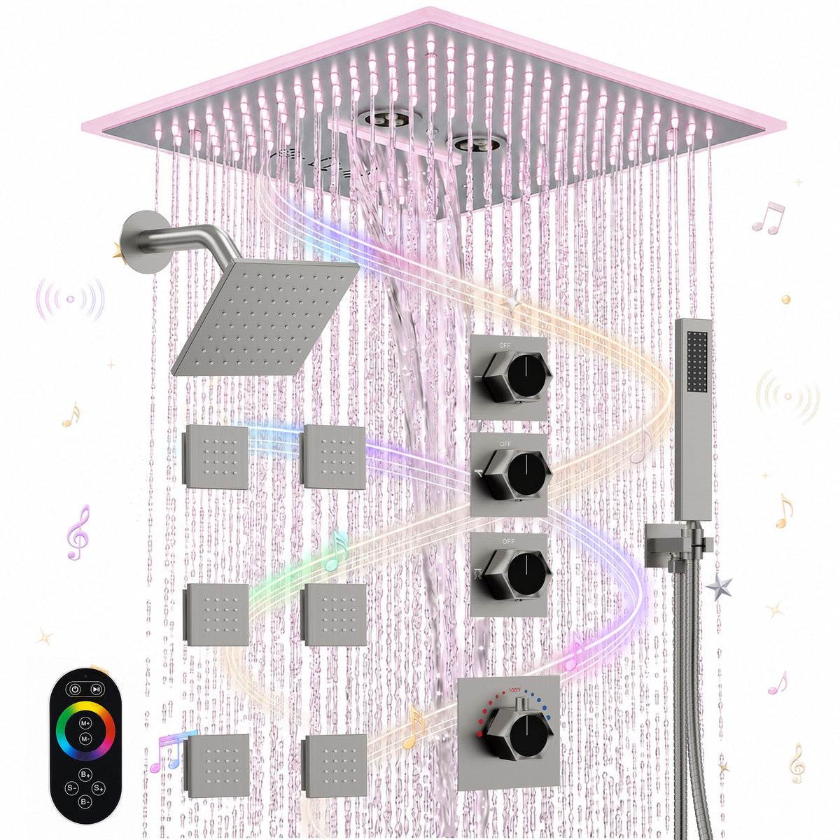 LED Music Ceiling-Mounted Dual-Head Shower System with Body Jets