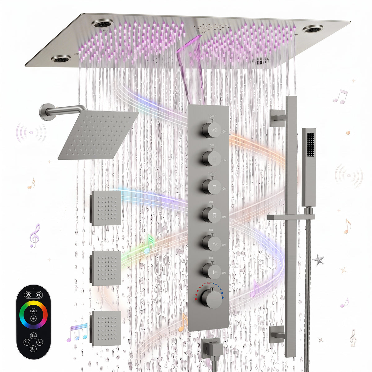 LED Bluetooth Dual-Head Ceiling-Mounted Shower System with Body Jets