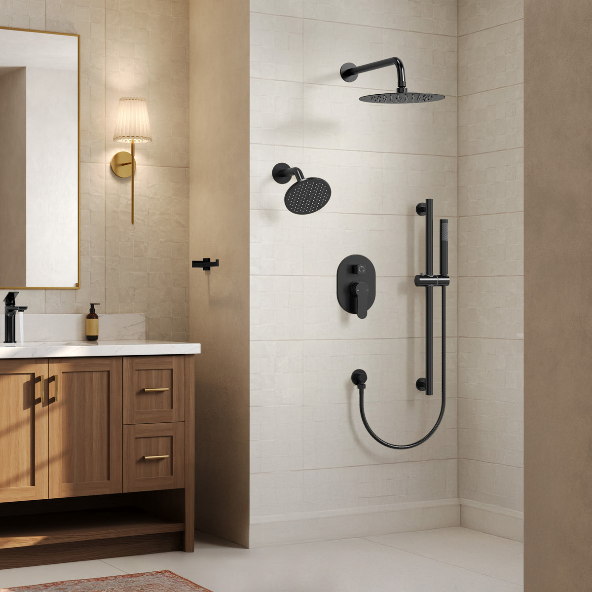 Round Wall-Mounted Dual Shower System with Handheld Spray