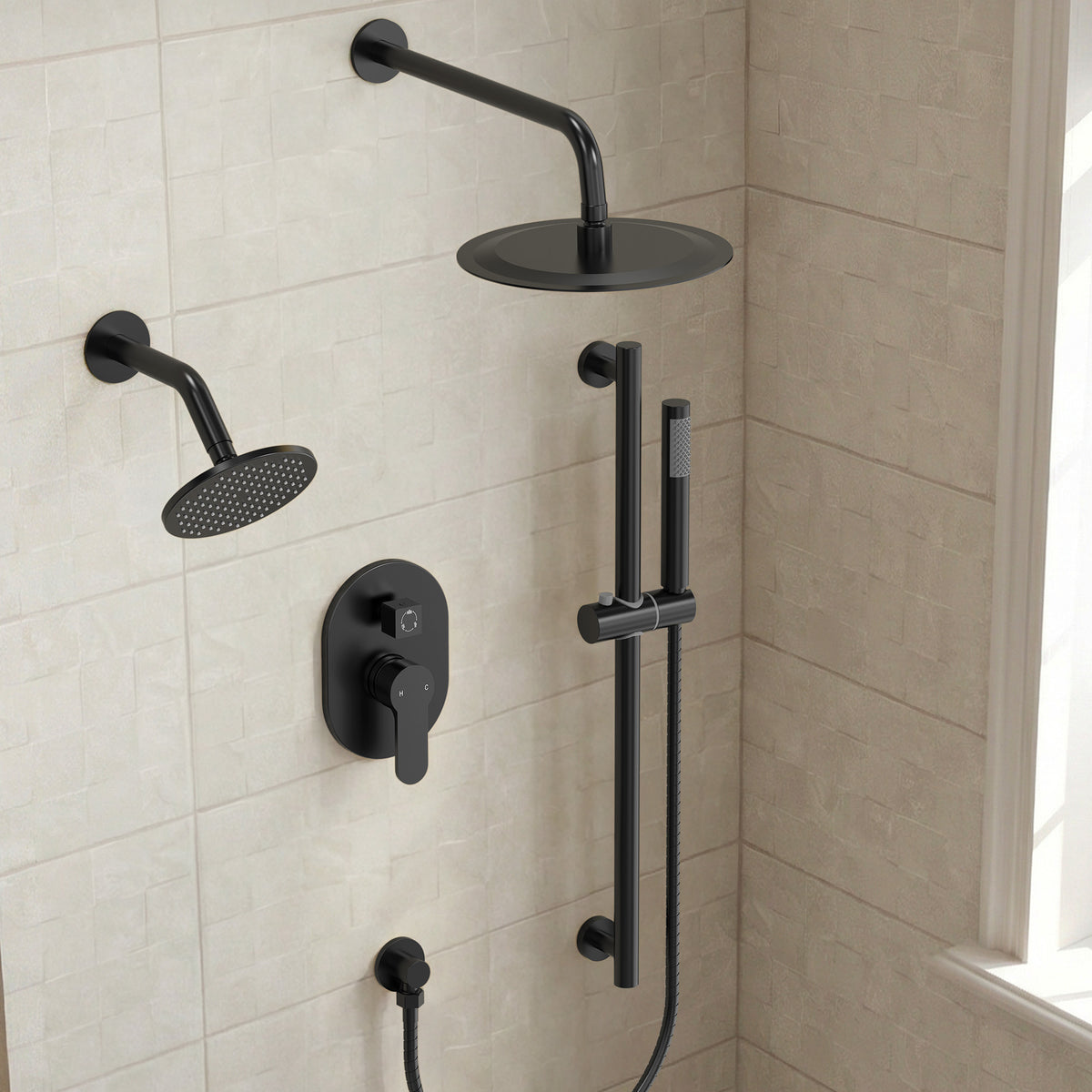 Round Wall-Mounted Dual Shower System with Handheld Spray